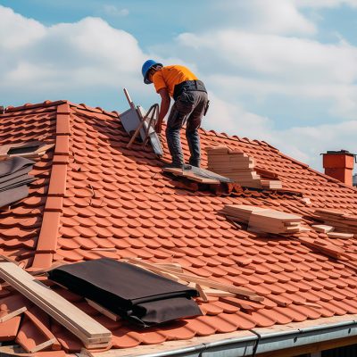 The master repairs the roof tiles of the house. Roofing, repair and renovation work. Generative AI